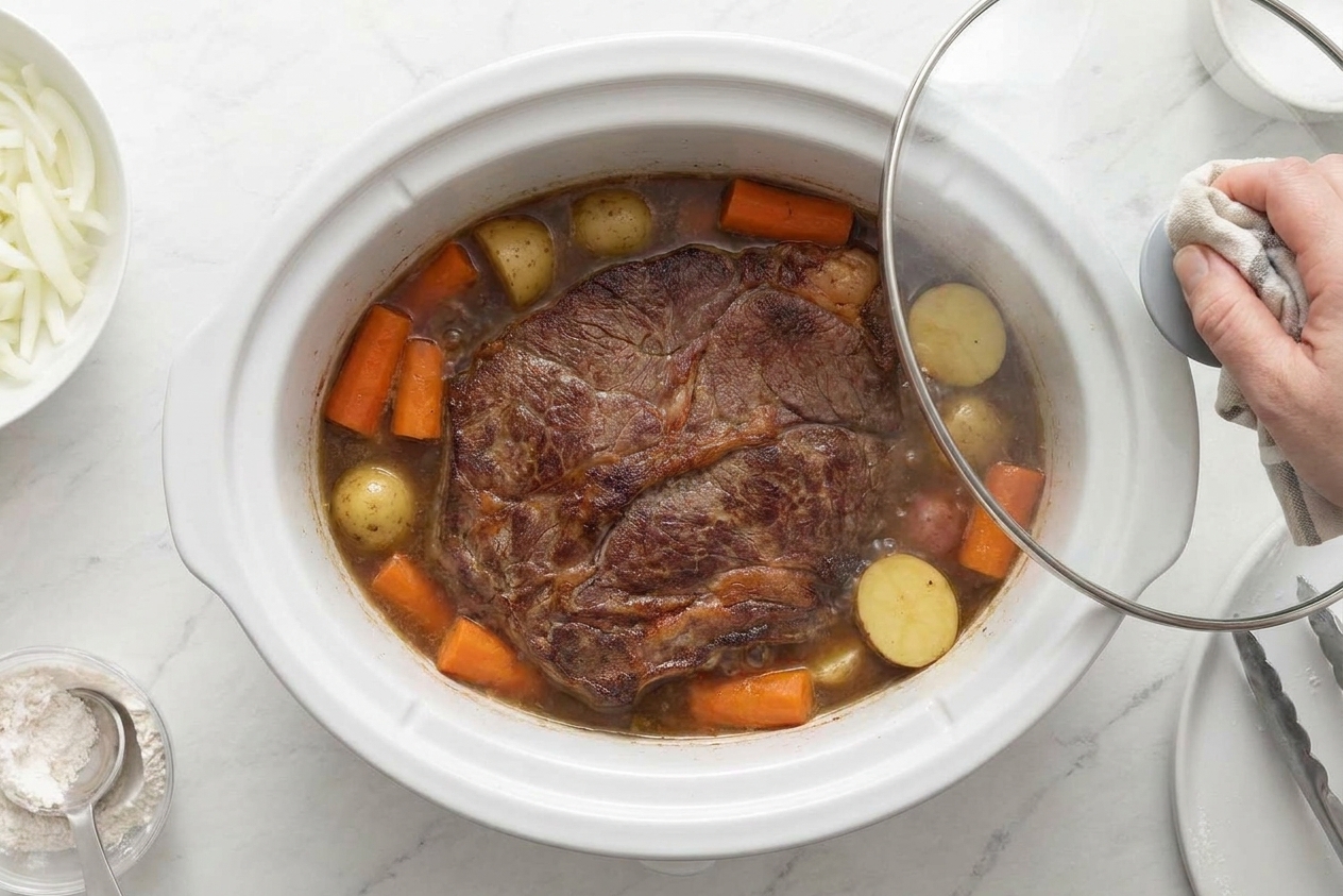 A slow cooker filled with chuck roast, carrots, potatoes, and broth simmering gently with the lid lifted