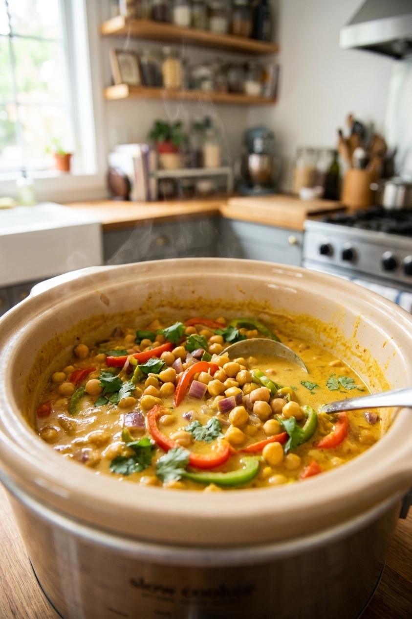A slow cooker filled with creamy coconut curry chickpeas with visible peppers and onions, realistic food photography