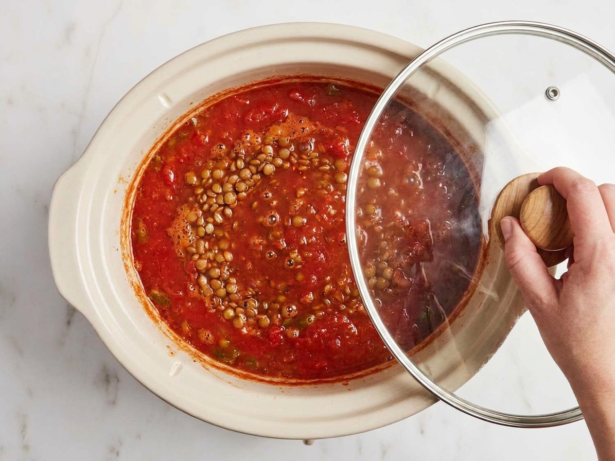 A slow cooker filled with lentils and red sauce simmering gently with the lid just lifted