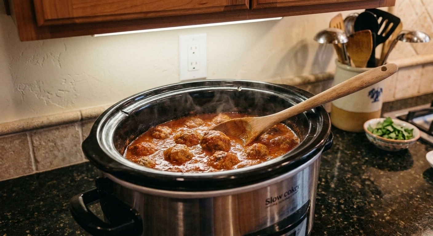 A slow cooker filled with meatballs in marinara sauce with a serving spoon resting on the edge