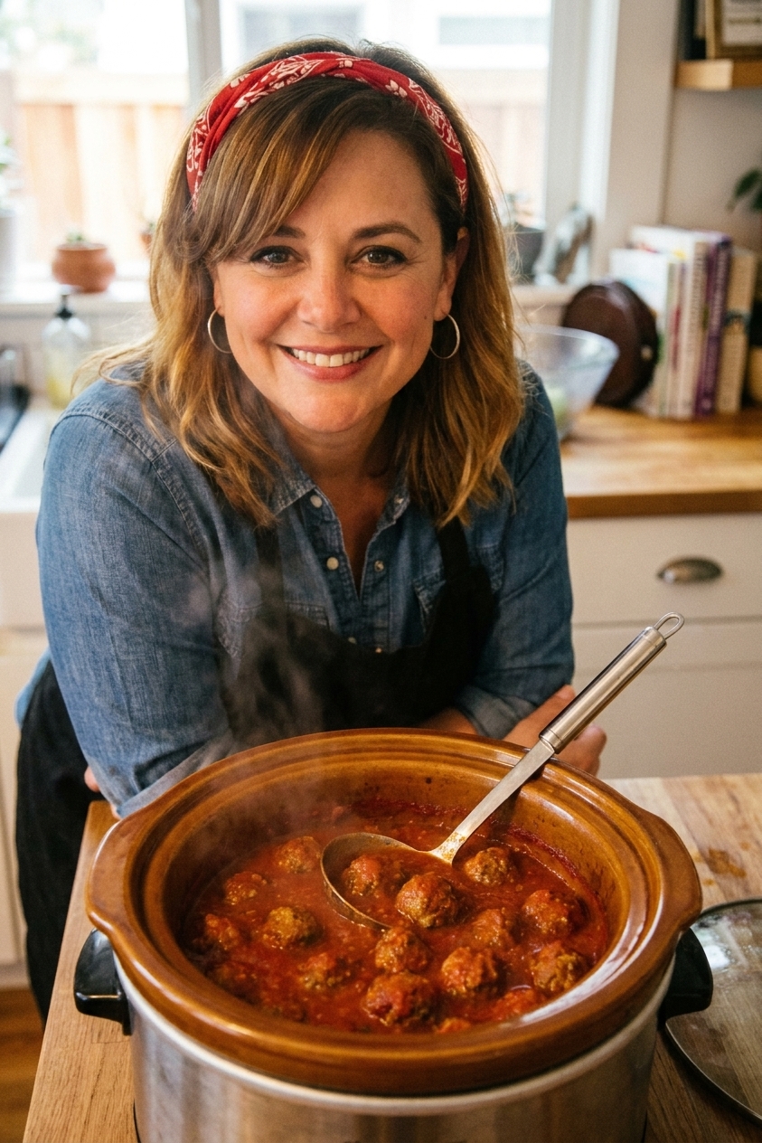A slow cooker filled with meatballs simmering in marinara sauce with a ladle resting on the edge, warm indoor kitchen photo