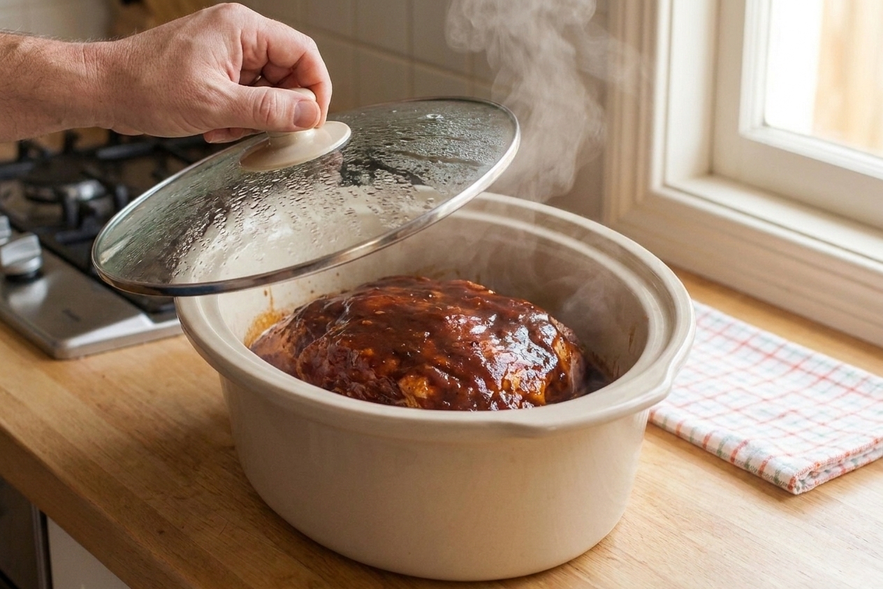 A slow cooker filled with pork shoulder and barbecue sauce during cooking, lid lifted slightly with steam rising