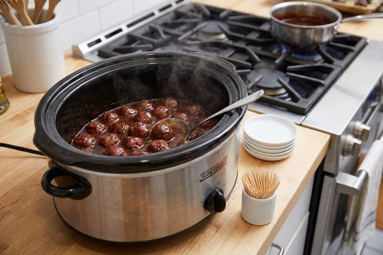 A slow cooker filled with saucy cocktail meatballs kept warm for a party, with toothpicks and small plates nearby