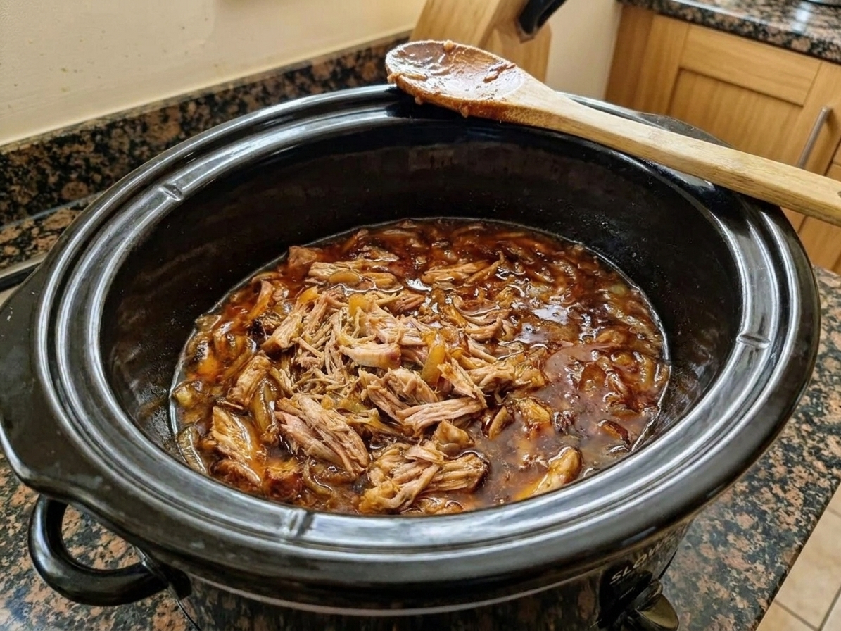 A slow cooker filled with shredded BBQ pulled pork in a glossy sauce, with a serving spoon resting on the edge