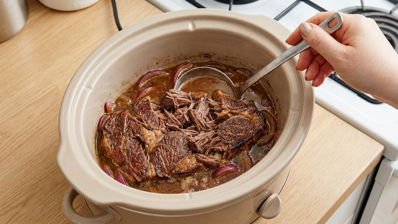 A slow cooker filled with shredded beef in a rich brown gravy with onions, sitting on a warm kitchen counter with a ladle nearby