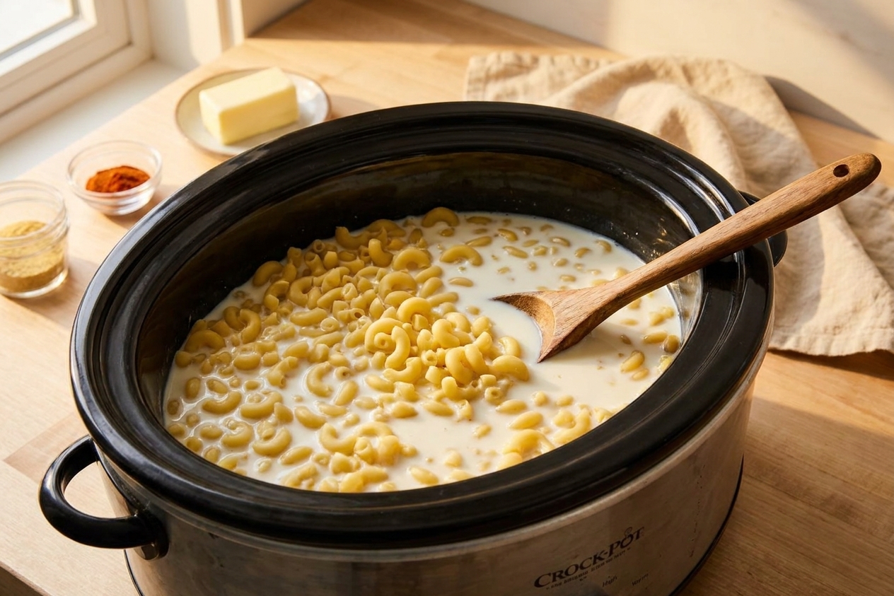 A slow cooker filled with uncooked macaroni stirred into a creamy milk mixture before the cheese is added, on a tidy kitchen counter in warm afternoon light