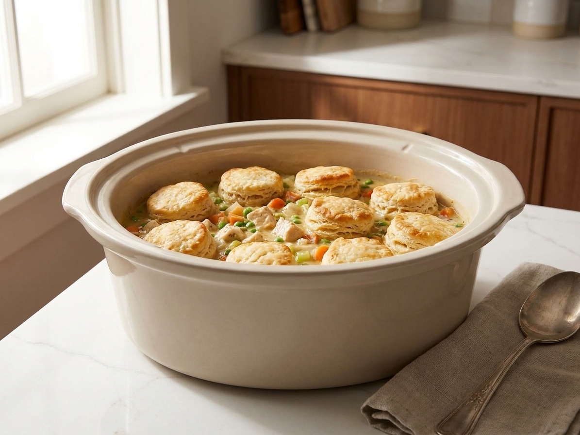 A slow cooker full of creamy chicken pot pie filling topped with golden baked biscuits on a warm kitchen counter with soft natural light