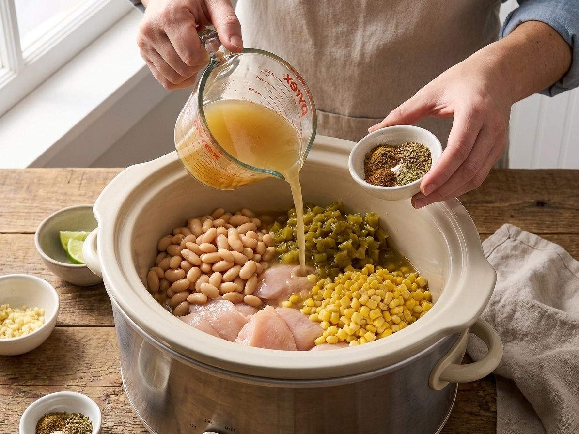 A slow cooker insert being filled with chicken, beans, corn, green chiles, broth, and spices on a kitchen counter
