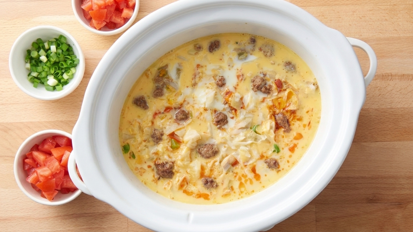 A slow cooker insert filled with an uncooked breakfast casserole mixture, lid off on a kitchen counter