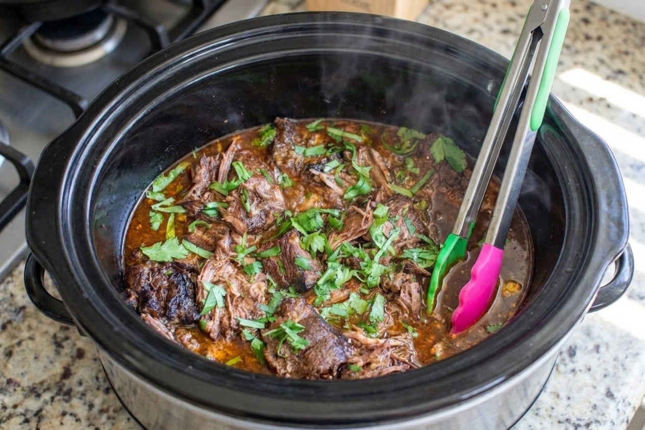 A slow cooker insert filled with beef and red chile sauce gently simmering