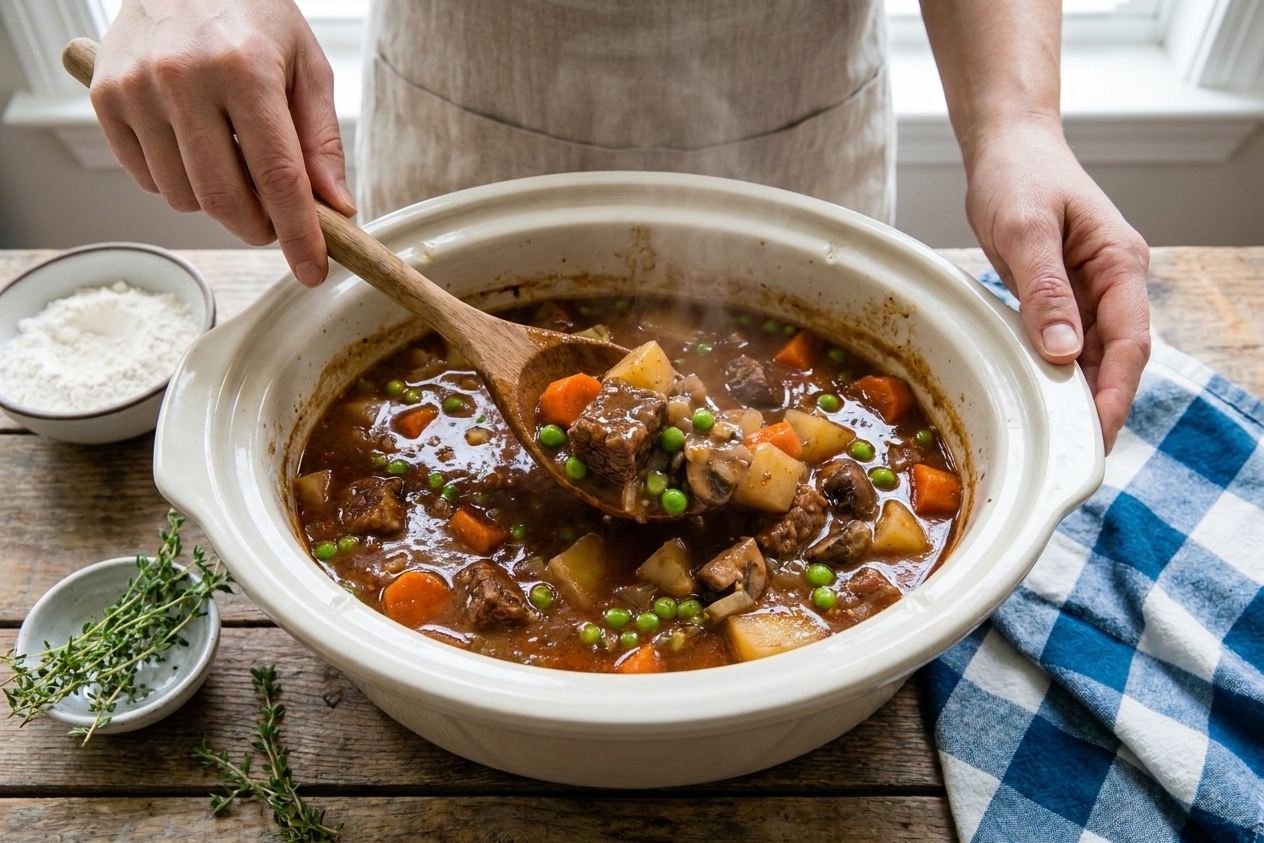 A slow cooker insert filled with beef stew as a wooden spoon stirs the rich broth, showing chunks of beef and vegetables