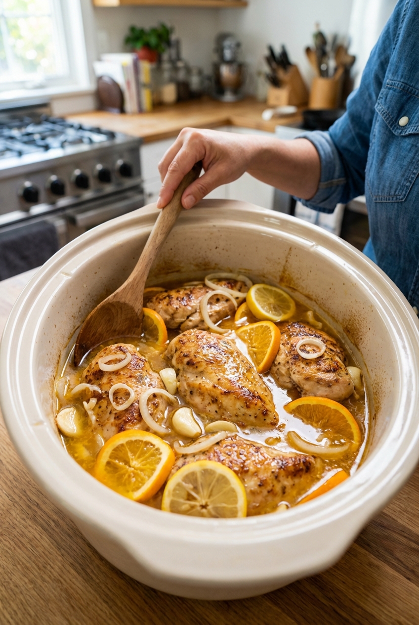 A slow cooker insert filled with chicken breasts covered in a citrusy sauce with sliced onions and garlic