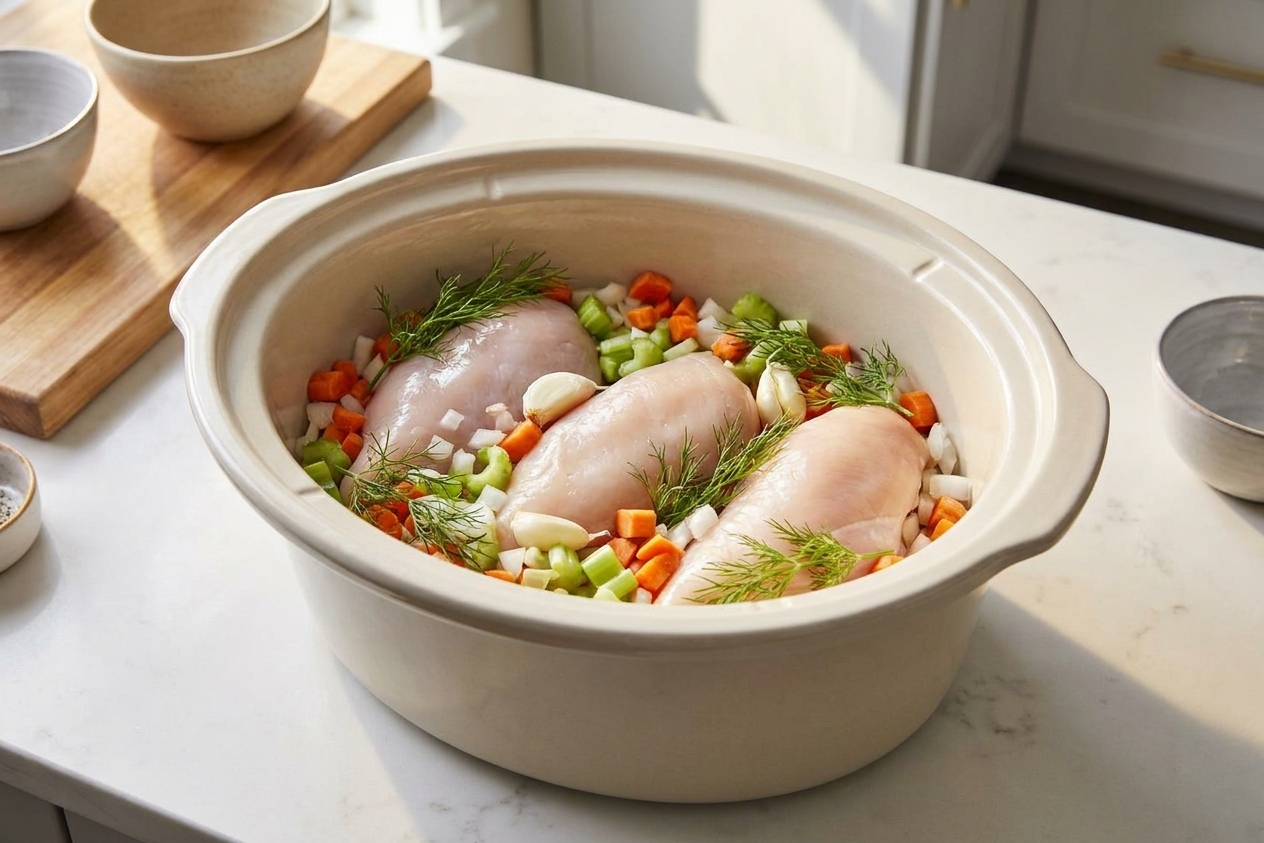 A slow cooker insert filled with chicken, chopped carrots, celery, onions, garlic, and herbs before cooking on a kitchen counter in warm natural light