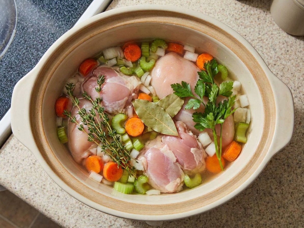 A slow cooker insert filled with chicken, chopped vegetables, herbs, and broth before cooking
