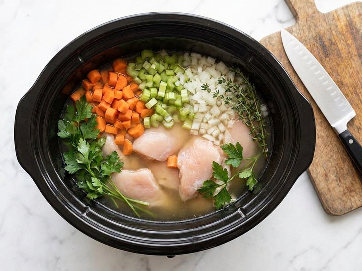 A slow cooker insert filled with chicken, chopped vegetables, broth, and herbs before cooking on a kitchen counter