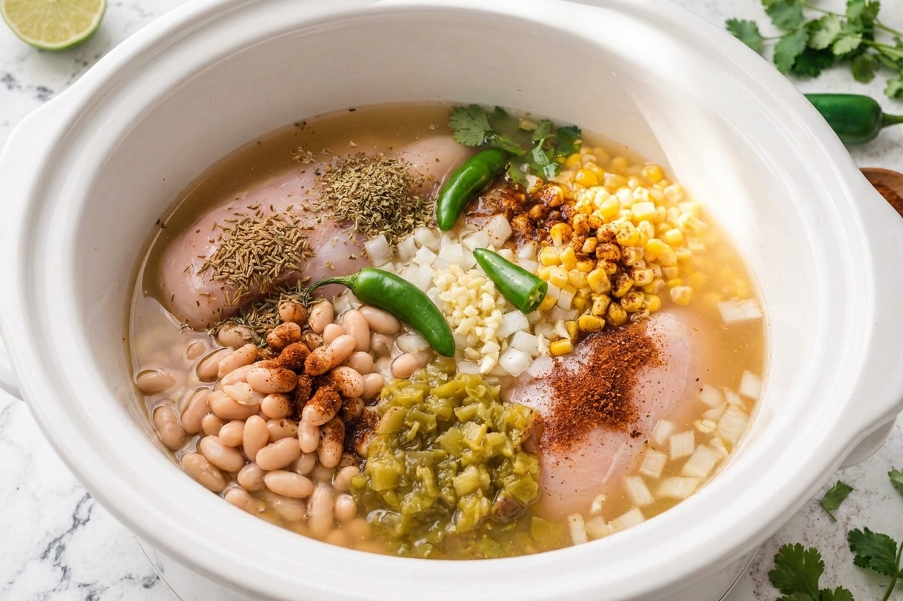 A slow cooker insert filled with chicken, white beans, green chiles, corn, broth, and spices before cooking