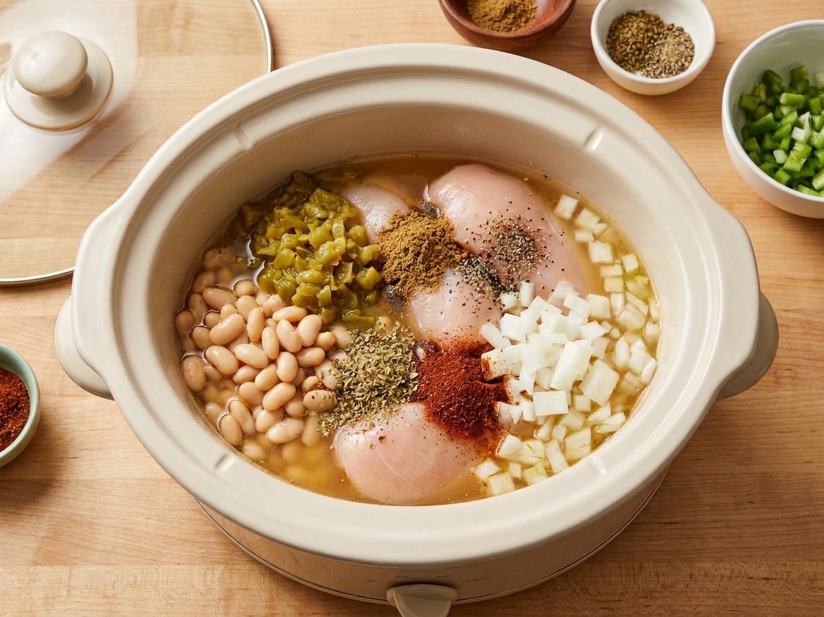 A slow cooker insert filled with chicken, white beans, green chiles, onions, broth, and spices before cooking on a kitchen counter
