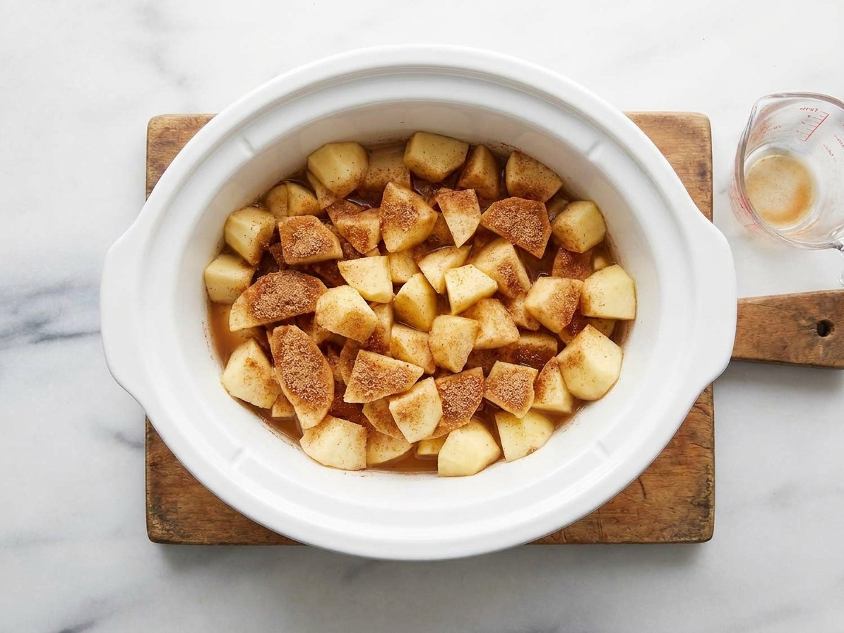 A slow cooker insert filled with chopped apples dusted with cinnamon and a splash of liquid, ready to cook
