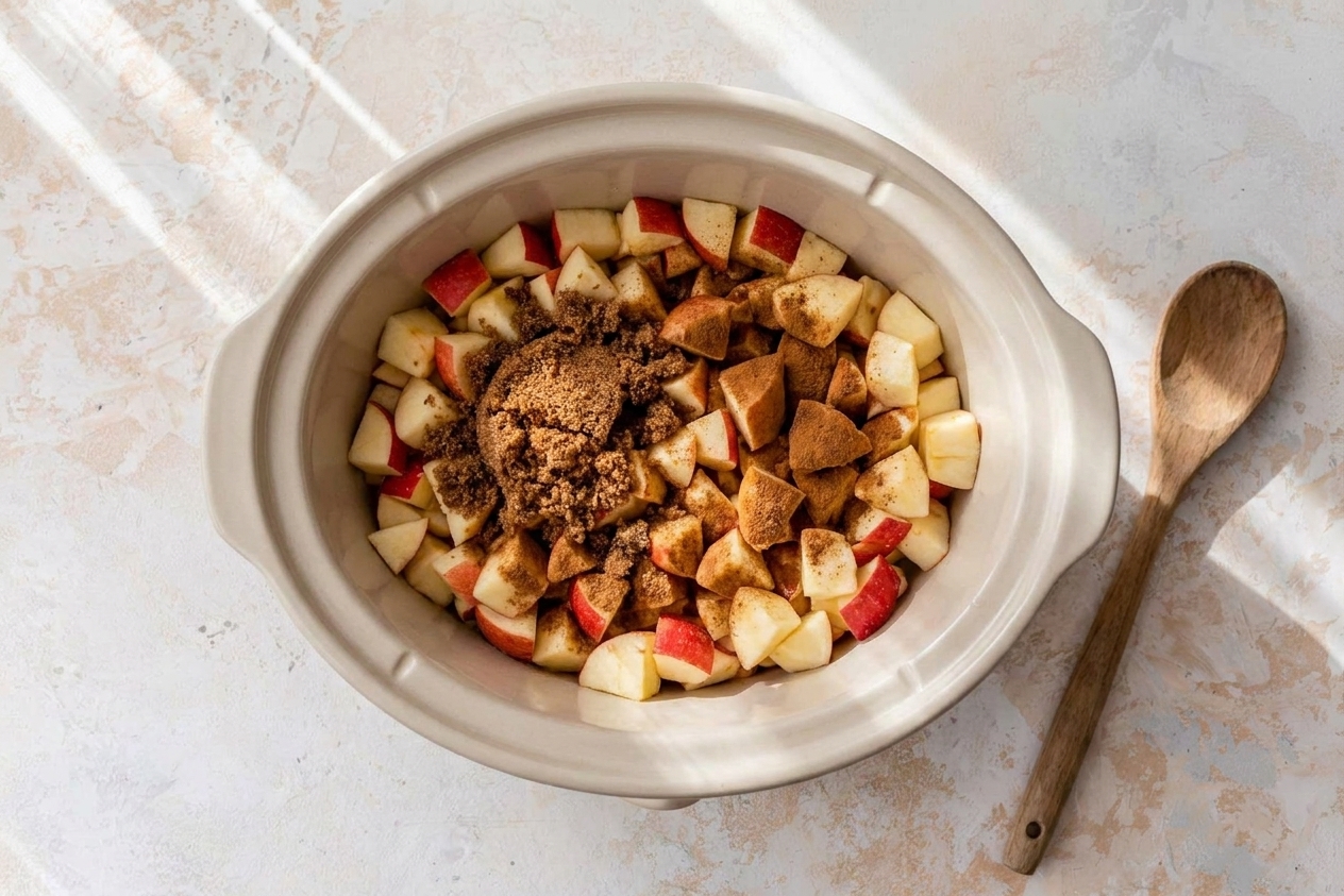 A slow cooker insert filled with chopped apples topped with cinnamon and brown sugar before stirring