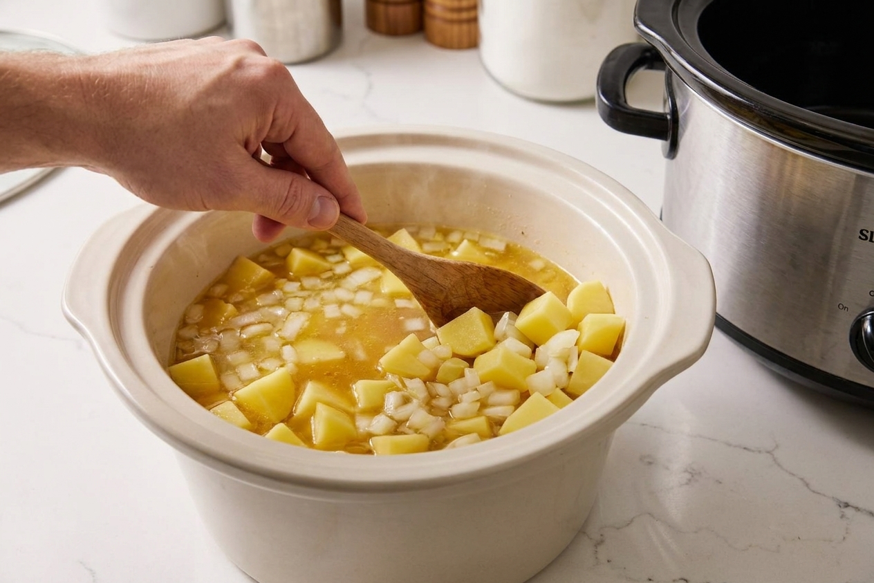 A slow cooker insert filled with chopped potatoes, onions, and broth being stirred with a wooden spoon on a kitchen counter
