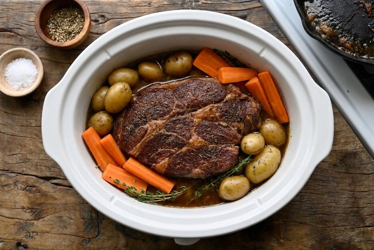 A slow cooker insert filled with chuck roast surrounded by carrots and baby potatoes, with broth partially covering the ingredients