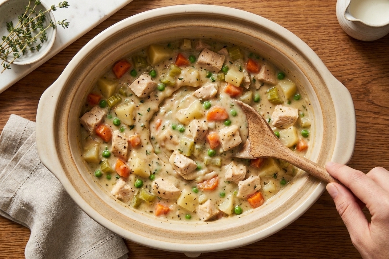 A slow cooker insert filled with creamy chicken pot pie filling with carrots, celery, and potatoes, being stirred with a wooden spoon