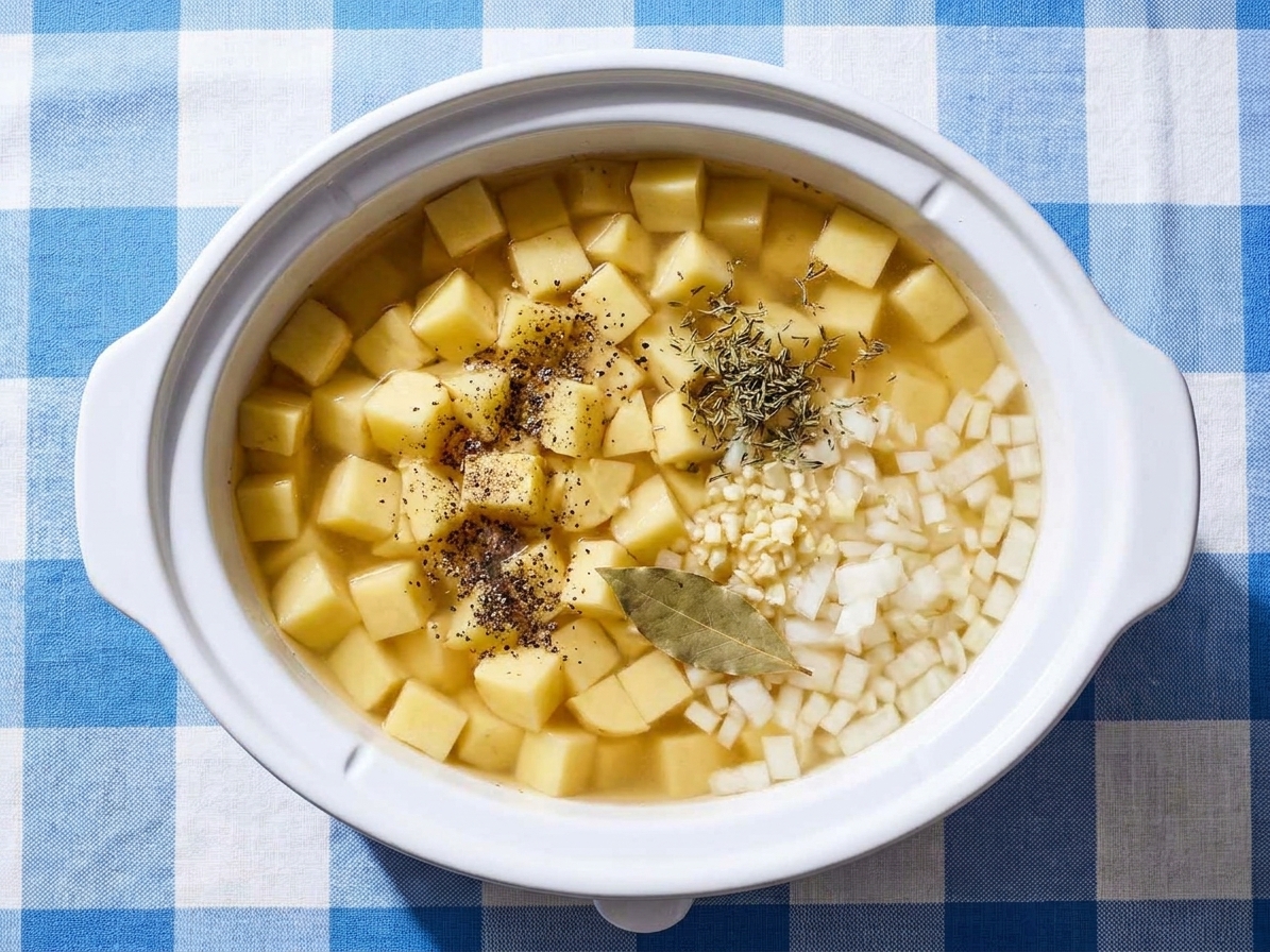 A slow cooker insert filled with diced potatoes, broth, and seasonings before cooking