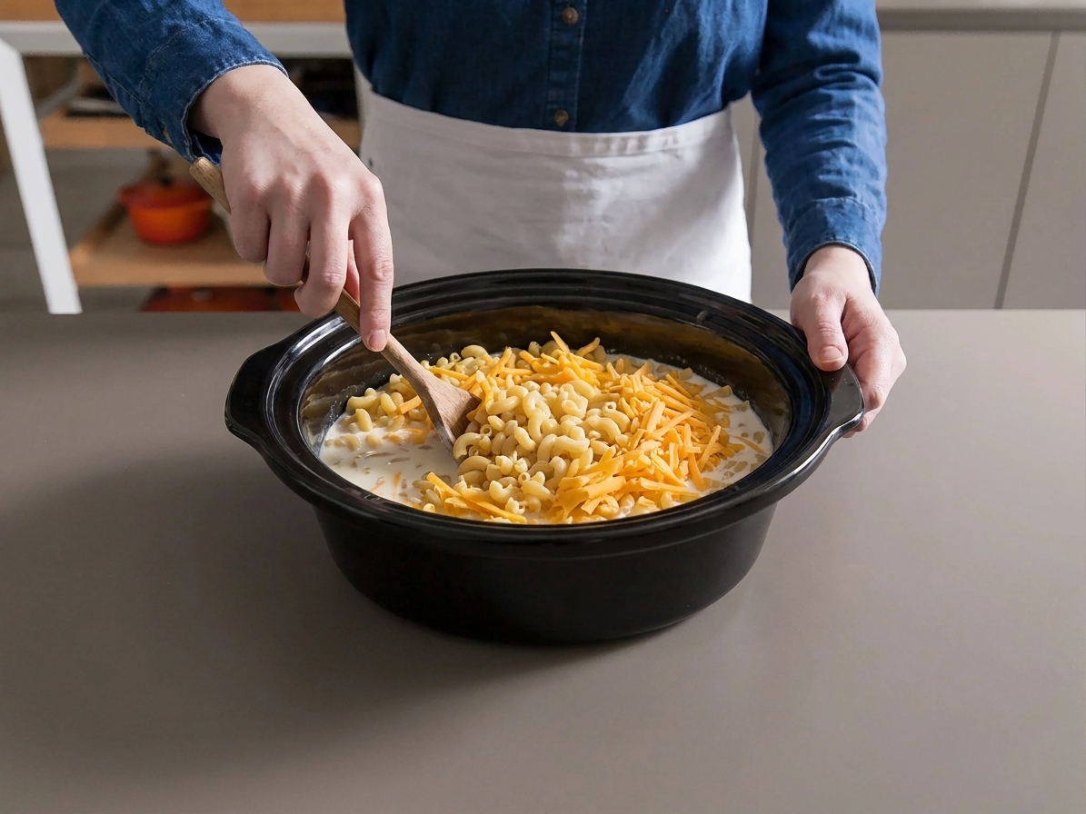 A slow cooker insert filled with dry macaroni, shredded cheese, and a creamy milk mixture being stirred with a wooden spoon