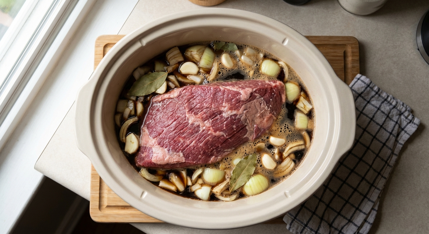 A slow cooker insert filled with onions, garlic, corned beef brisket, and stout before cooking