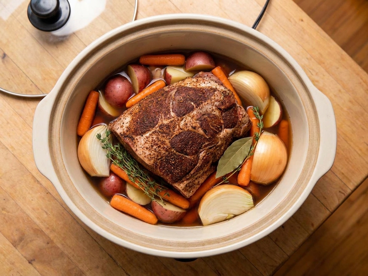 A slow cooker insert filled with potatoes, carrots, onions, broth, and a seasoned pork roast on top before the lid goes on