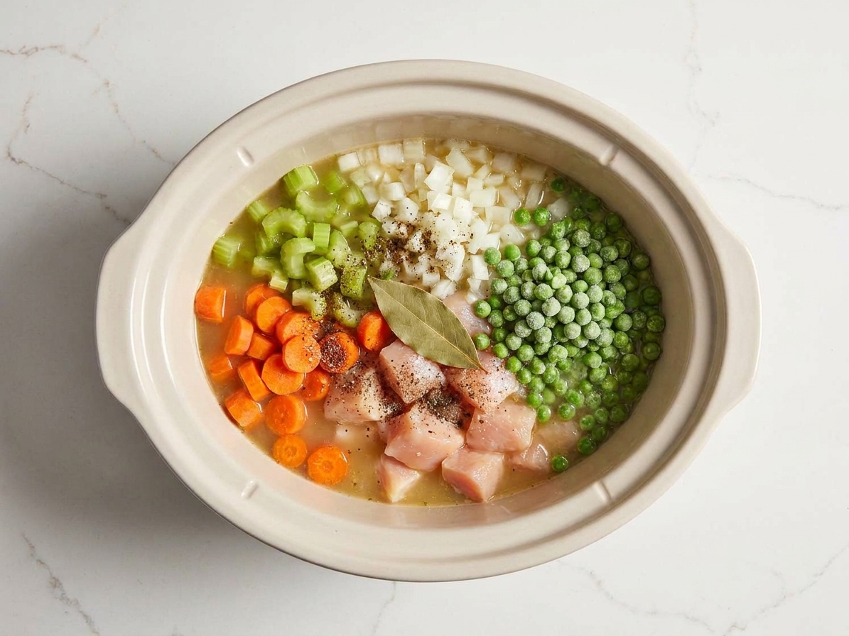 A slow cooker insert filled with raw chicken, chopped vegetables, and broth before cooking on a kitchen counter