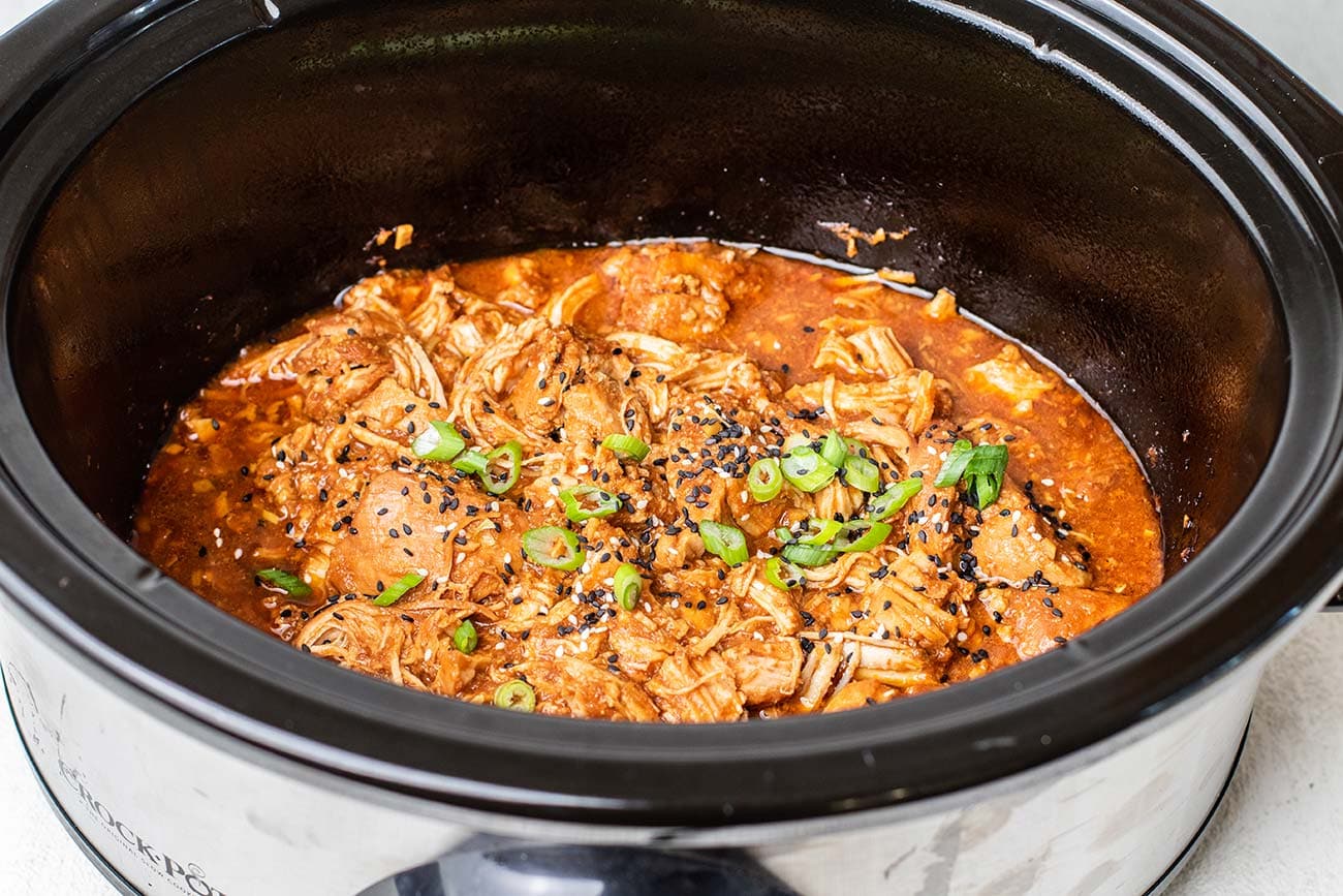 A slow cooker insert filled with raw chicken, diced peppers, onions, tomatoes, broth, and spices before cooking