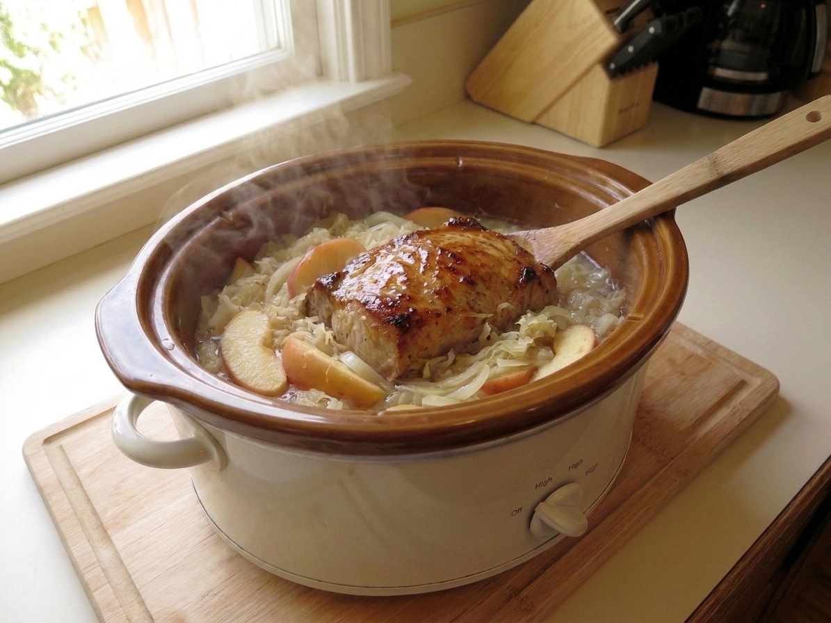 A slow cooker insert filled with sauerkraut, onion, apple wedges, and a pork roast placed on top