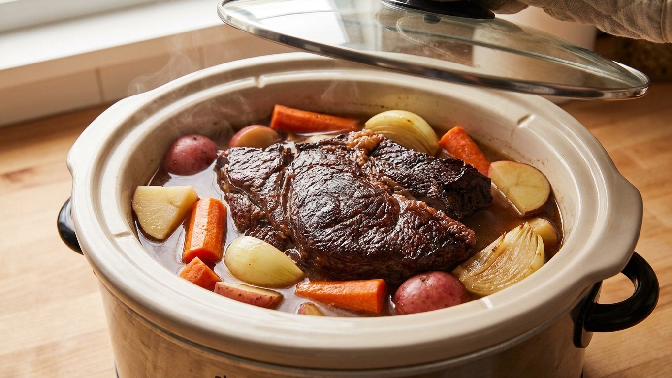 A slow cooker insert filled with seared chuck roast surrounded by potatoes, carrots, onions, and broth before the lid goes on