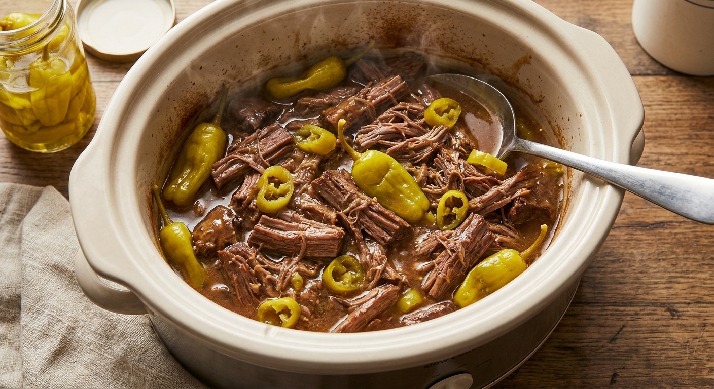 A slow cooker insert filled with shredded Mississippi pot roast and pepperoncini peppers in glossy gravy, realistic food photography