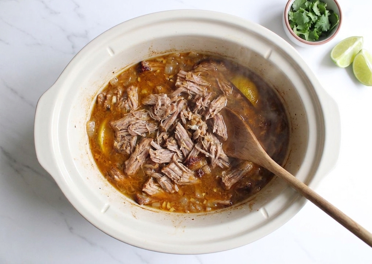 A slow cooker insert filled with tender shredded pork and citrusy cooking liquid on a neutral kitchen counter