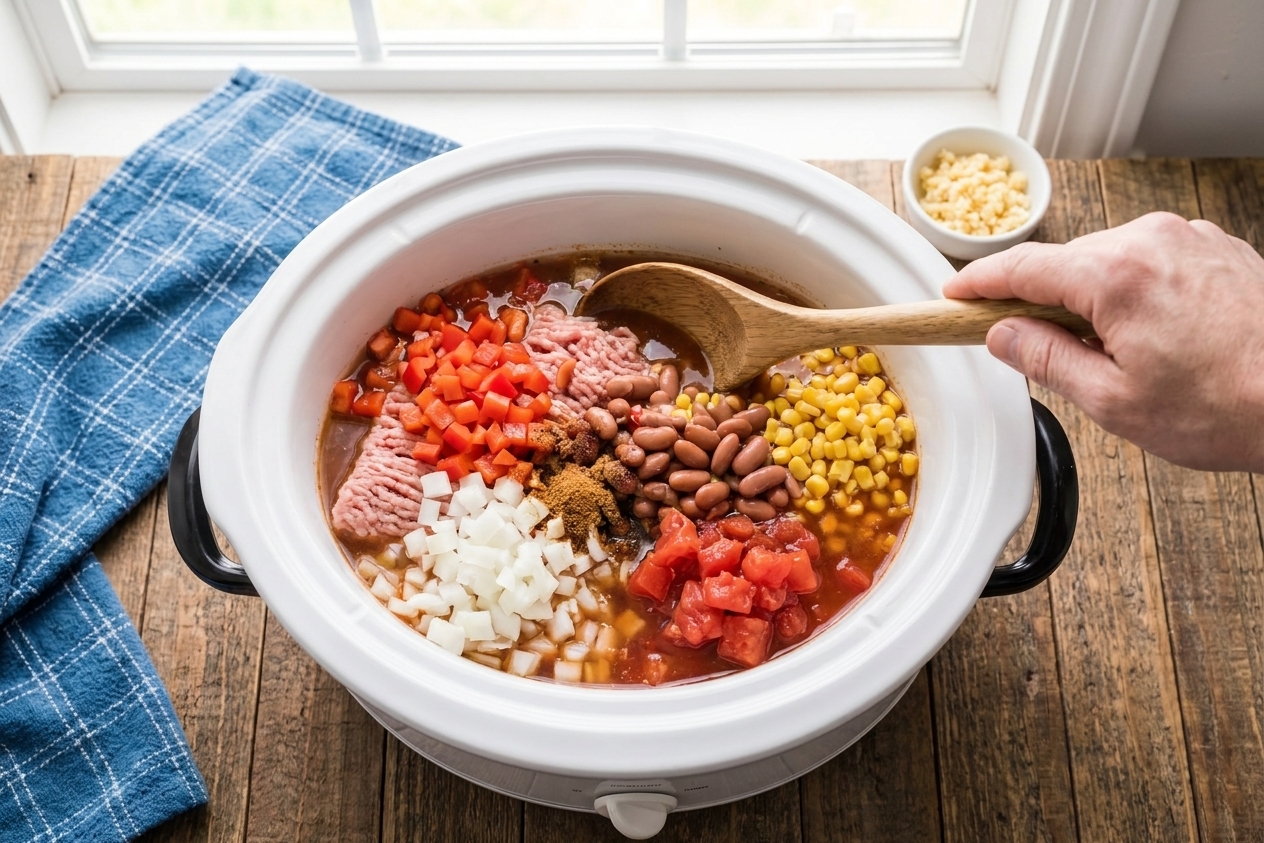 A slow cooker insert filled with turkey chili ingredients being stirred with a ladle on a kitchen counter