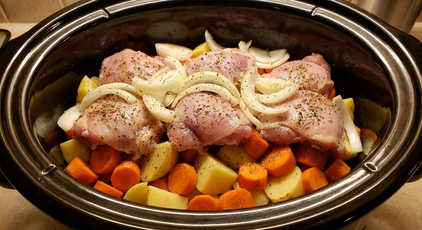 A slow cooker insert showing chopped carrots and potatoes on the bottom with raw chicken thighs and sliced onions layered on top, close-up food photo