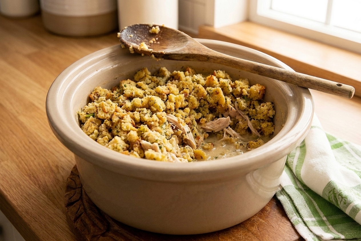 A slow cooker insert with chicken and dressing partially stirred, showing moist stuffing crumbs and shredded chicken, with a wooden spoon resting on the edge