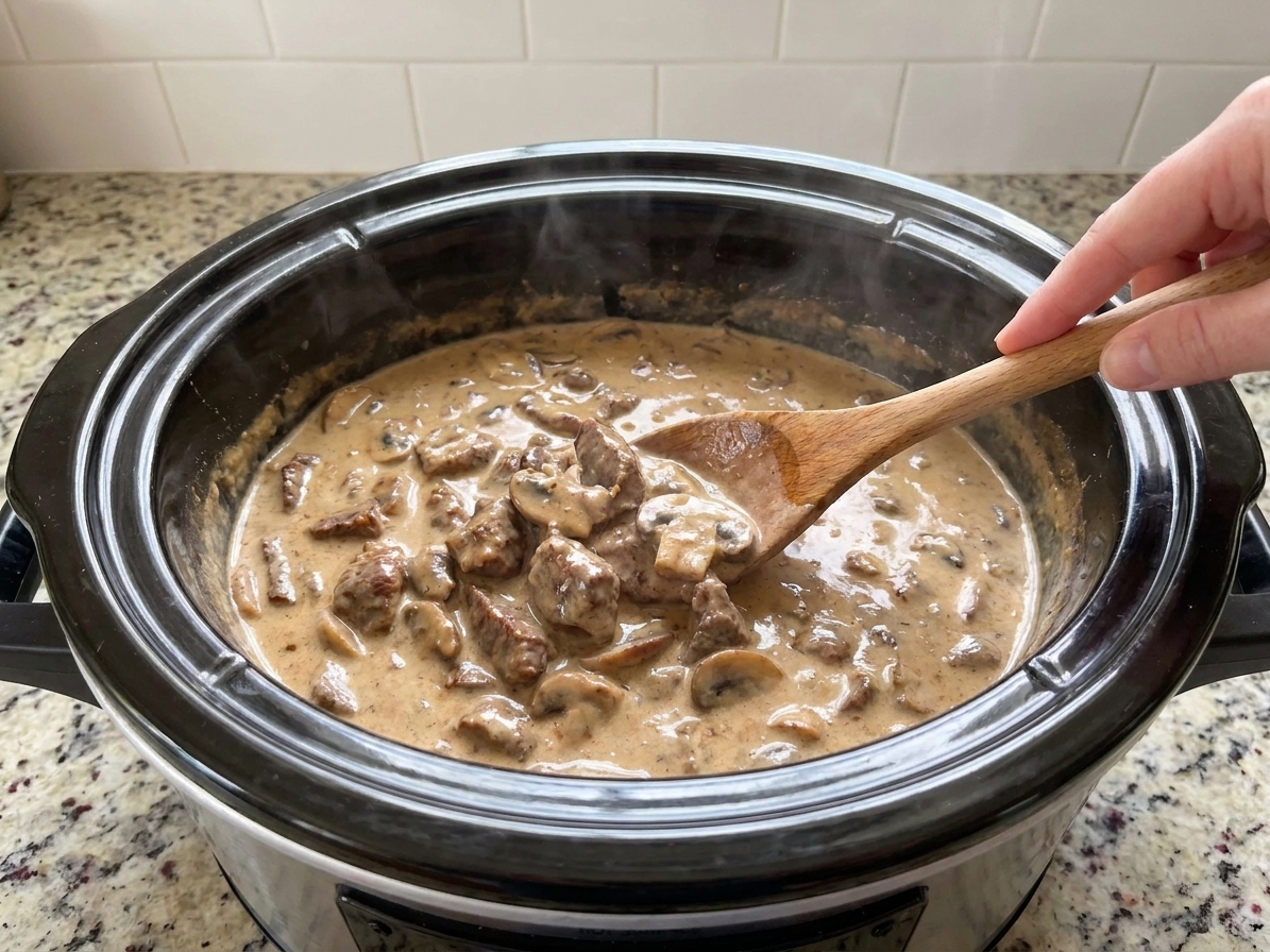 A slow cooker insert with creamy stroganoff sauce being stirred, mushrooms and tender beef visible