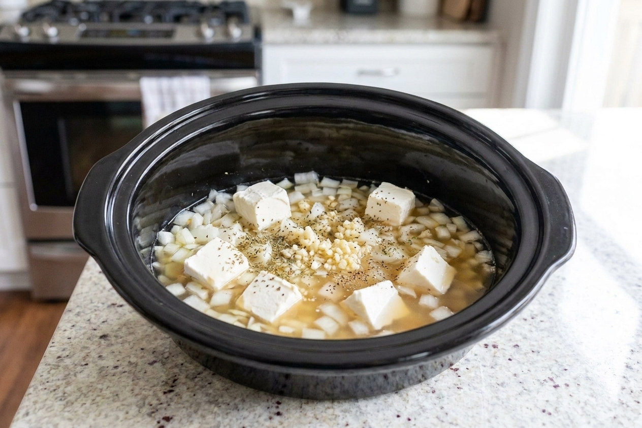 A slow cooker insert with diced onion, minced garlic, chicken broth, and cubes of cream cheese before cooking