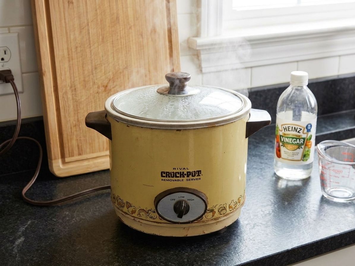 A slow cooker on a counter with steam on the glass lid, showing a vinegar and water cleaning cycle in progress