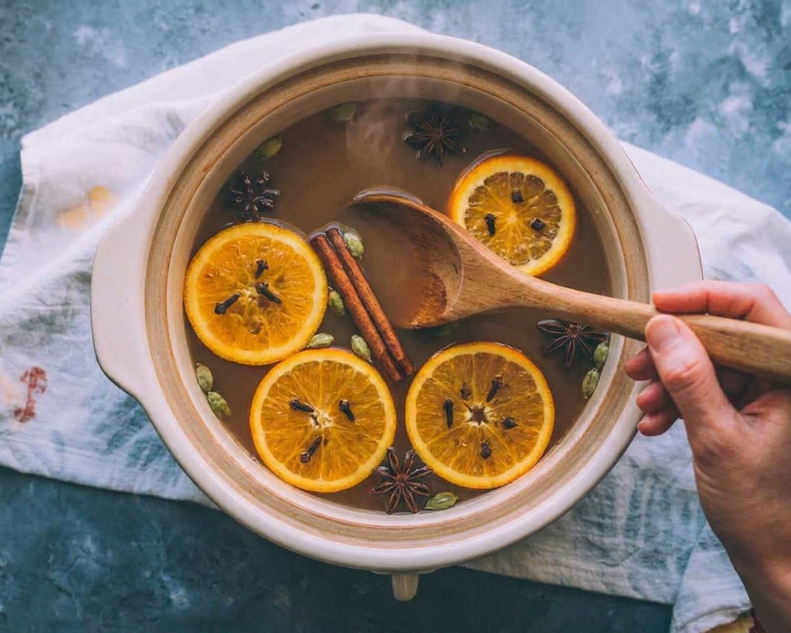 A slow cooker on a kitchen counter filled with apple cider and floating orange slices with whole spices steeping