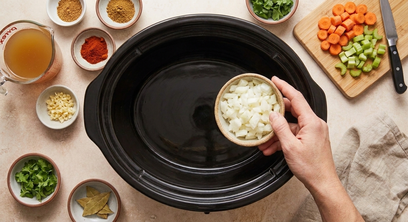 A slow cooker on a kitchen counter surrounded by prepped ingredients like chopped onions, garlic, spices, and broth