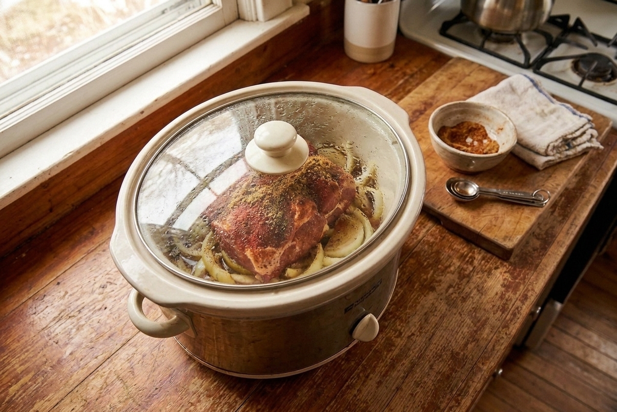 A slow cooker on a kitchen counter with the lid on, warm light and a tidy prep area nearby