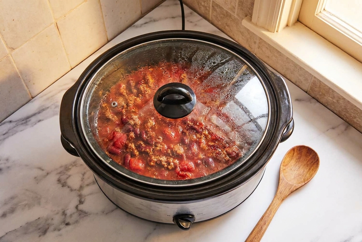 A slow cooker on a kitchen counter with the lid on during cooking time