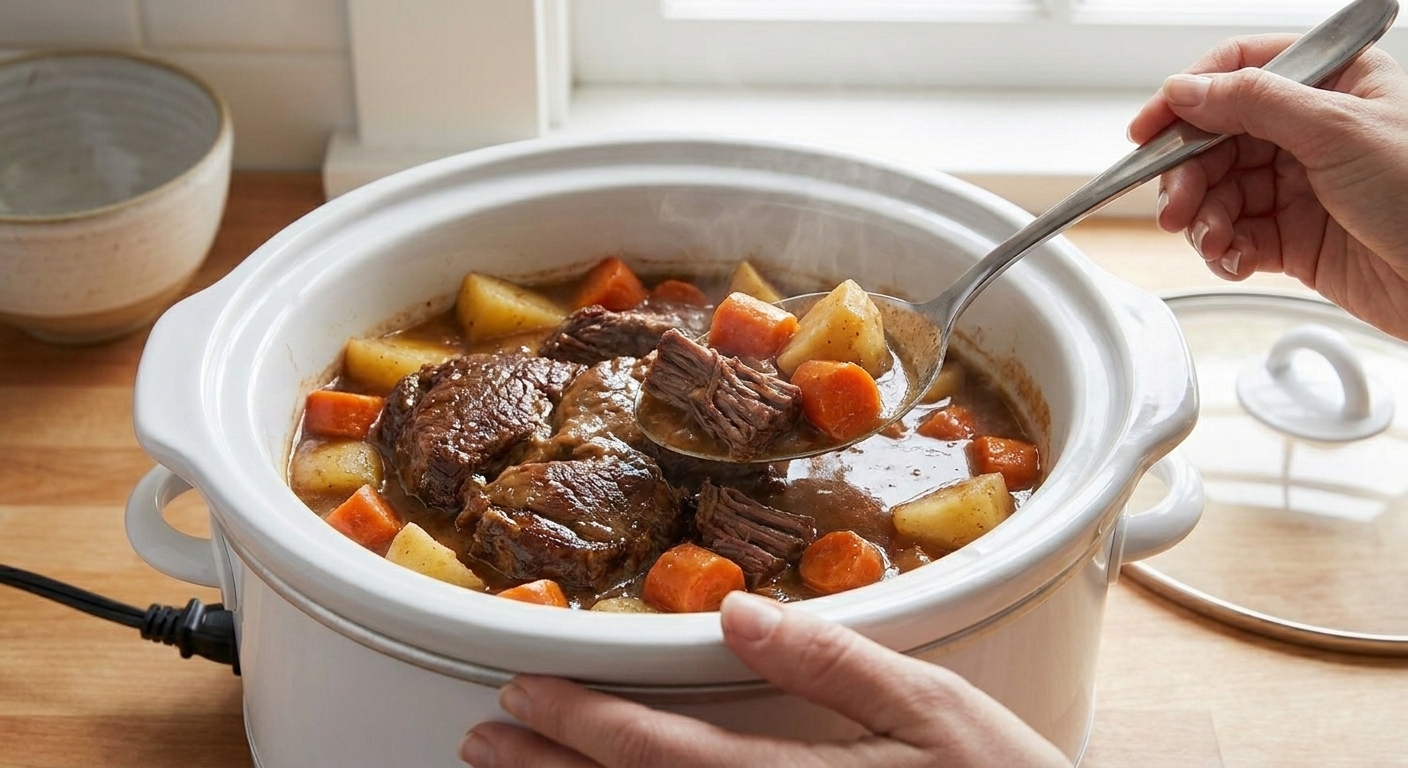 A slow cooker with a fully cooked chuck roast, carrots, and potatoes in a rich brown cooking liquid