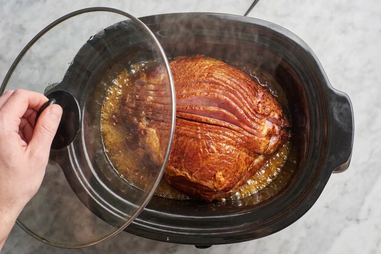 A slow cooker with a ham cooking inside, lid lifted slightly as glaze bubbles around the edges