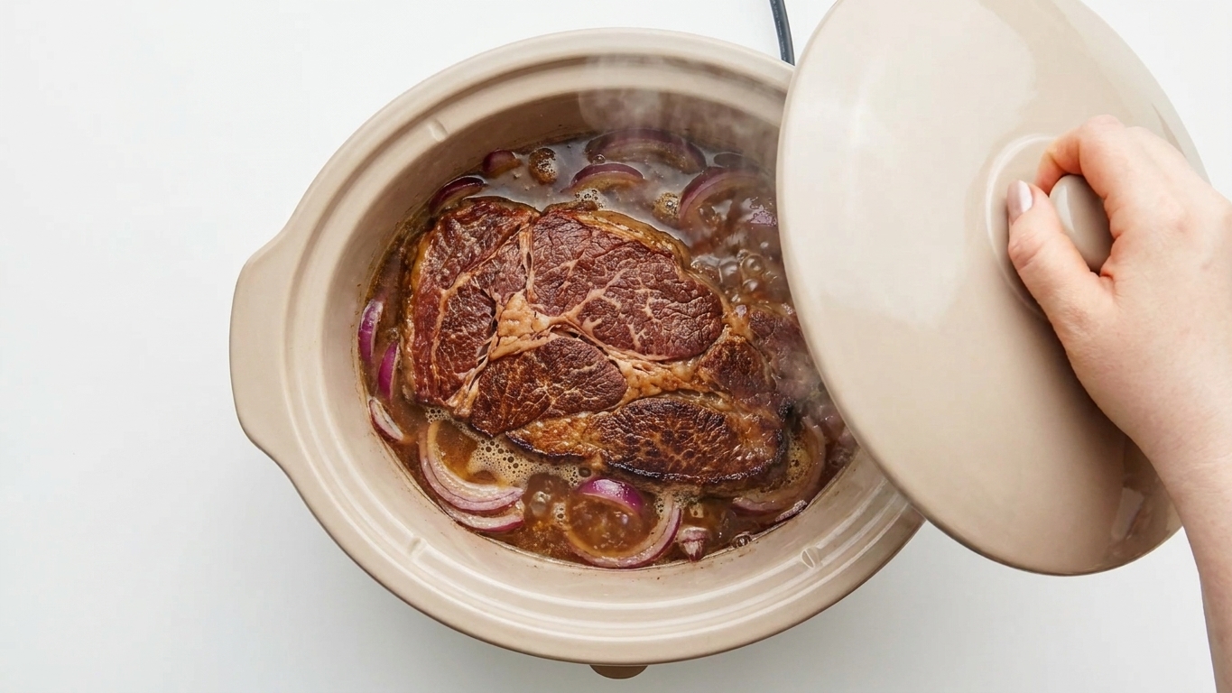 A slow cooker with beef, onions, and broth simmering gently with the lid lifted slightly