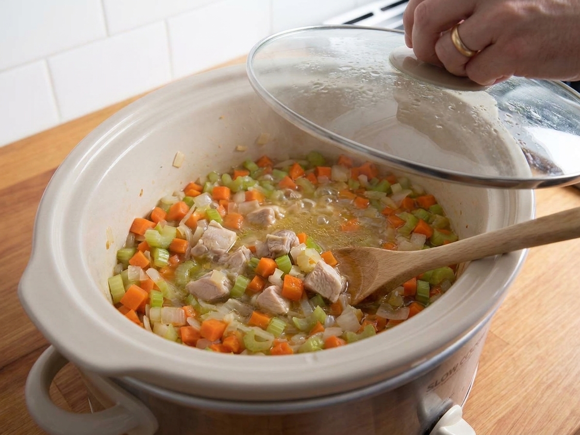 A slow cooker with chicken, carrots, celery, and broth gently simmering with the lid lifted slightly
